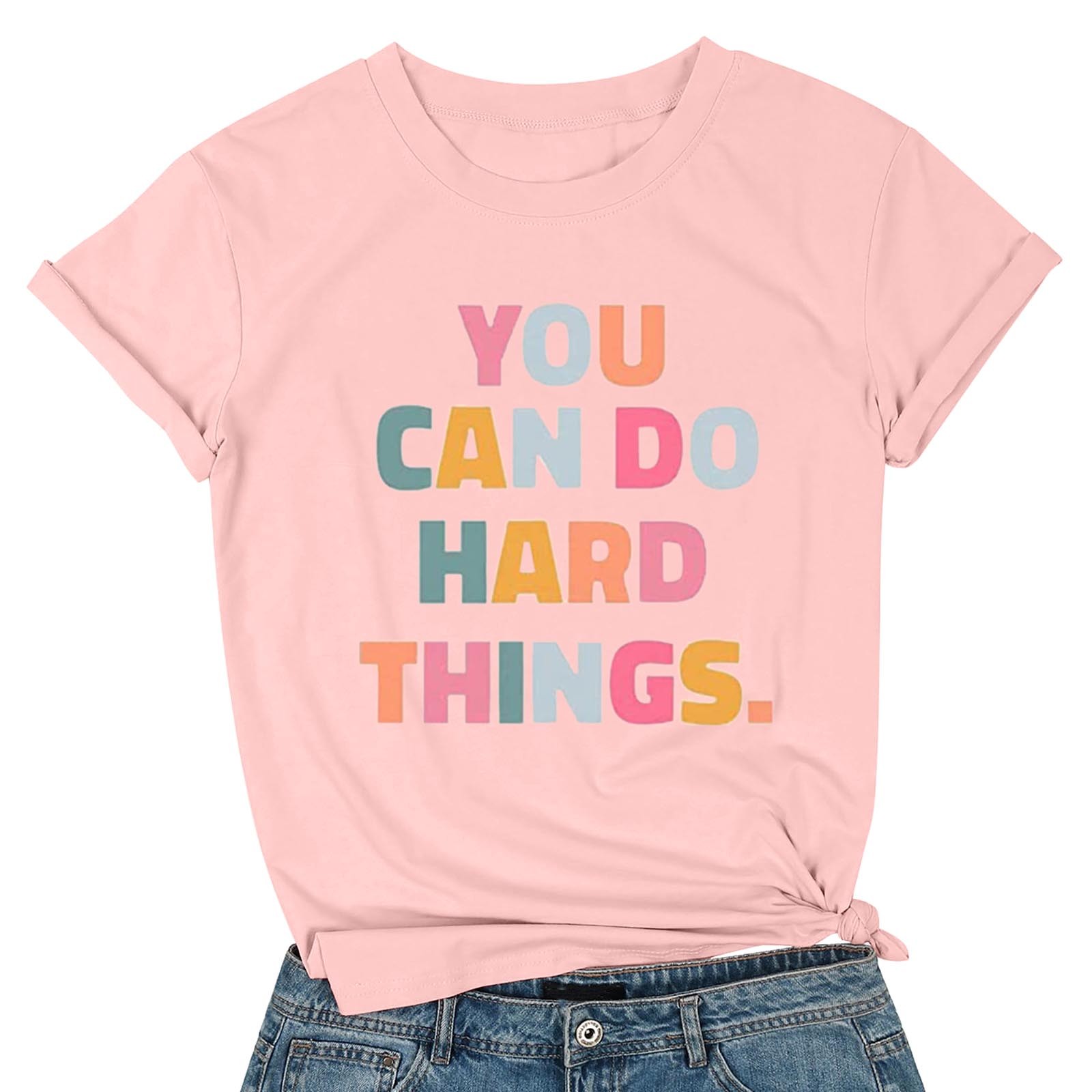 thumbnail image 5 of Camiseta gráfica para mujeres «You Hard Things» (Tú, cosas difíciles) para profesoras: manga corta, cuello redondo, estampado motivador, mezcla de poliéster y spandex, camiseta informal sobre salud, 5 of 5